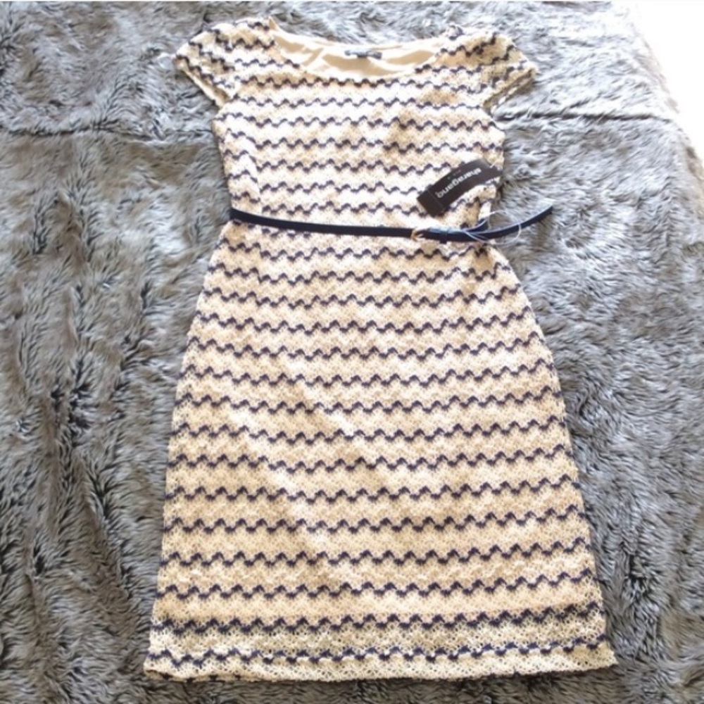 Sharahano net and sequins beige and navy color sheath dress with belt size 6